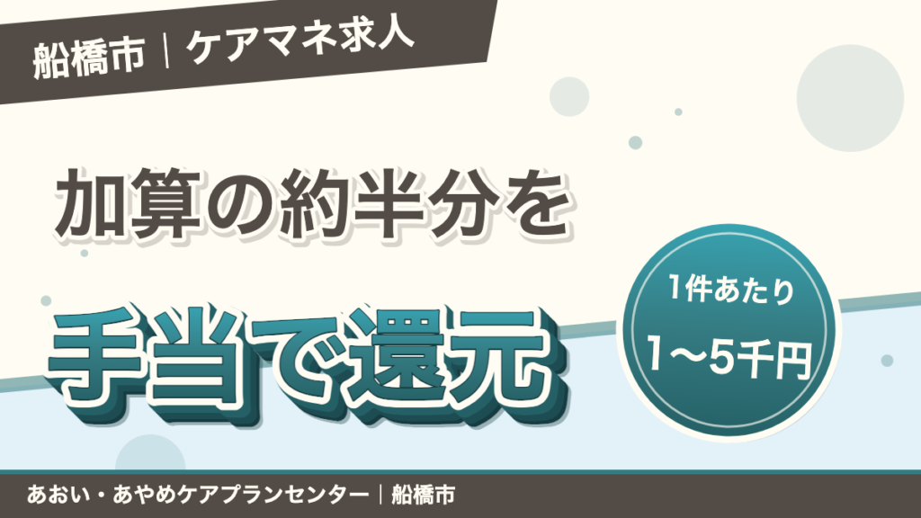 船橋市のケアマネジャー求人。加算連動手当で、ケアマネジャーが関わった加算のおおむね半分を1件1,000〜5,000円の手当として支給