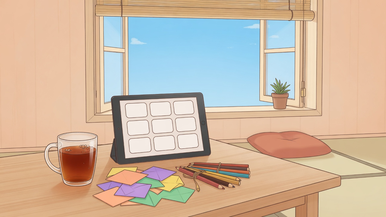 オンラインお楽しみ会のイメージ。夏休みの居間の机にタブレットが立てかけられ、画面に枠が並んでいる