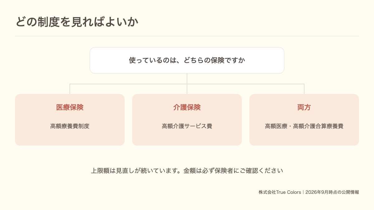 医療保険か介護保険かで見るべき軽減制度が変わることを示した図|あおい訪問看護ステーション