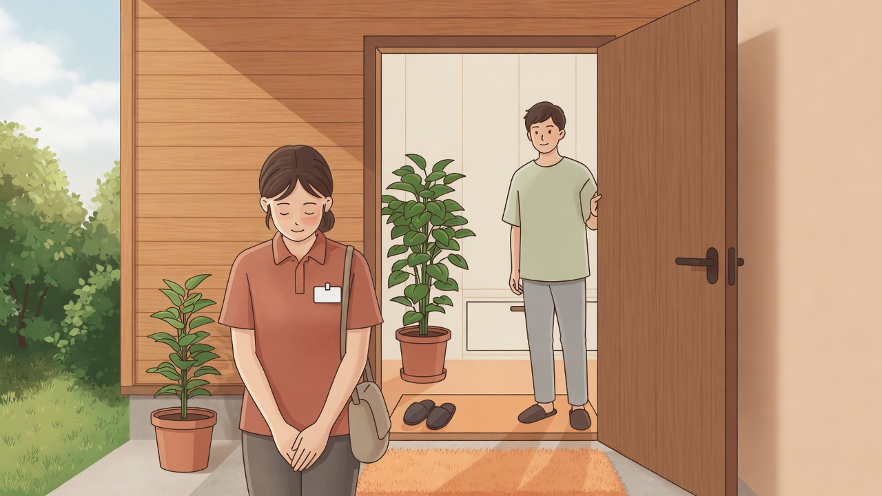 住宅の玄関先で訪問看護師が住人に会釈して挨拶しているイラスト。