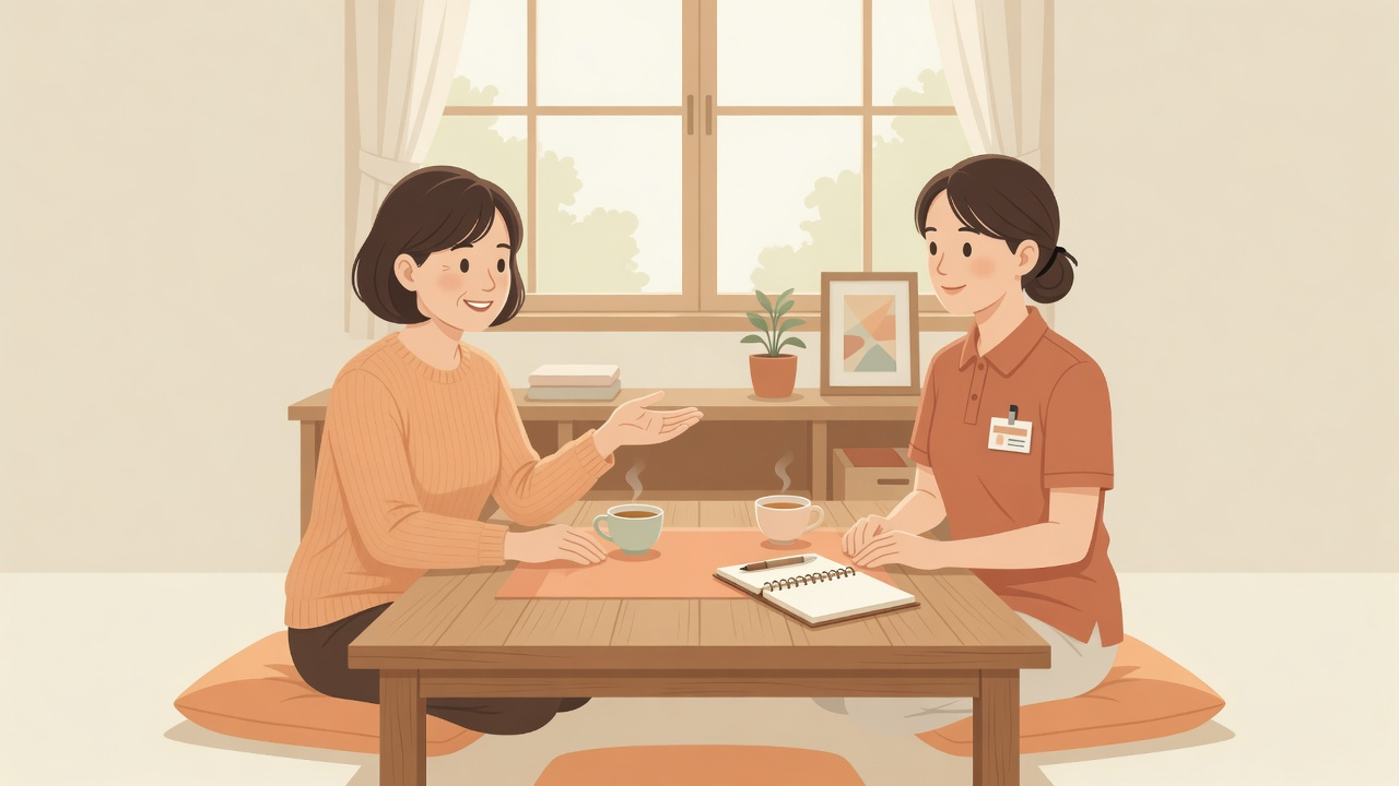 自宅のリビングで家族が訪問看護師にテーブル越しに相談しているイラスト。