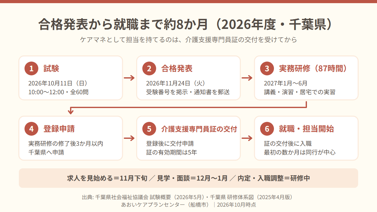 2026年10月の試験から11月の合格発表、2027年1月〜6月の実務研修、登録、証の交付、就職までを矢印でつないだ流れ図。求人を見始める時期は合格発表直後と示している