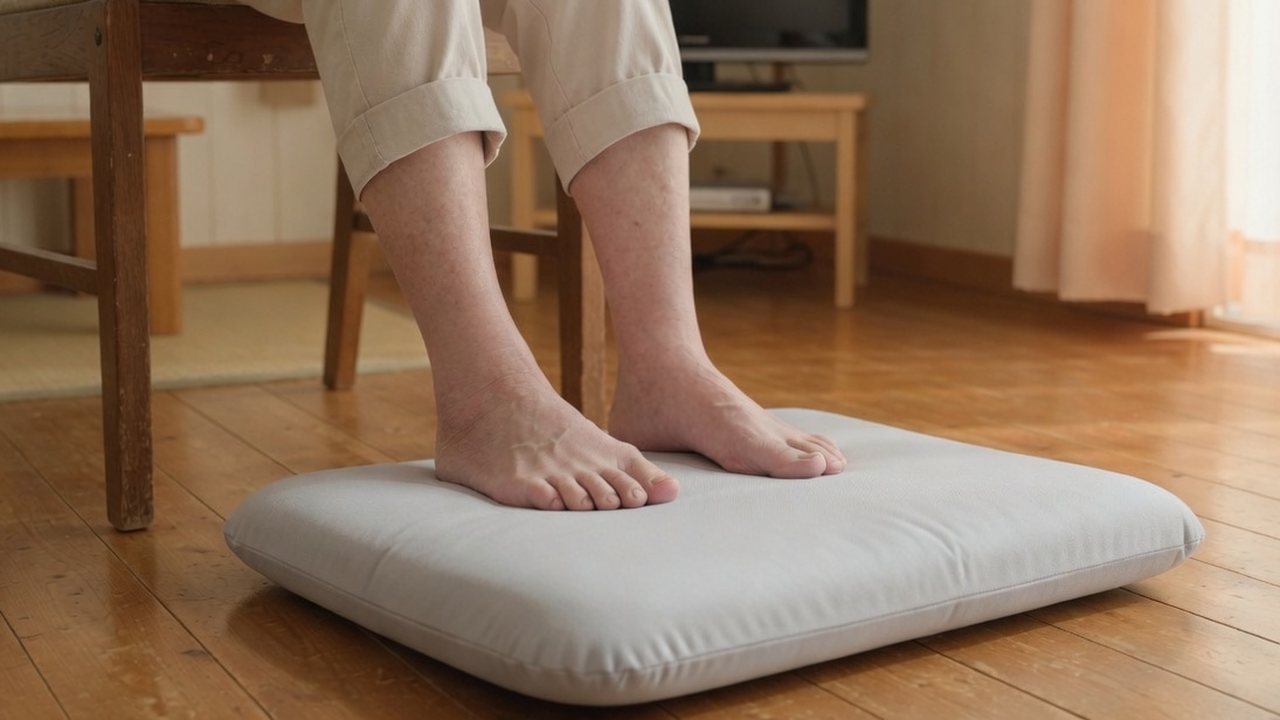 椅子に座った方が、足置き型の家庭用EMS機器に素足を乗せている様子