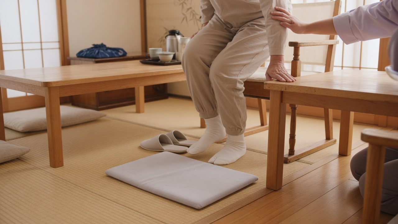 家庭用EMSを使ったあと、スタッフが見守る中で机に手を添えて椅子から立ち上がる練習をしている様子