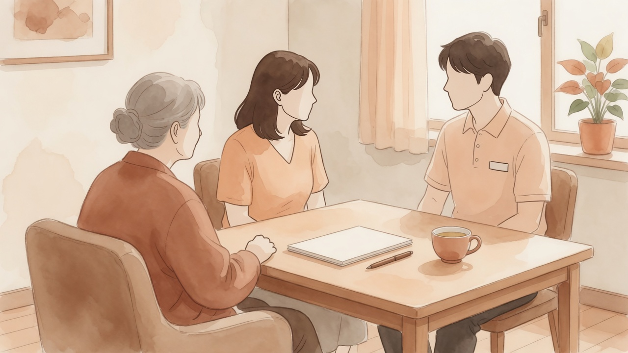 自宅のテーブルで高齢の方と家族が訪問スタッフにリハビリの相談をしているイラスト