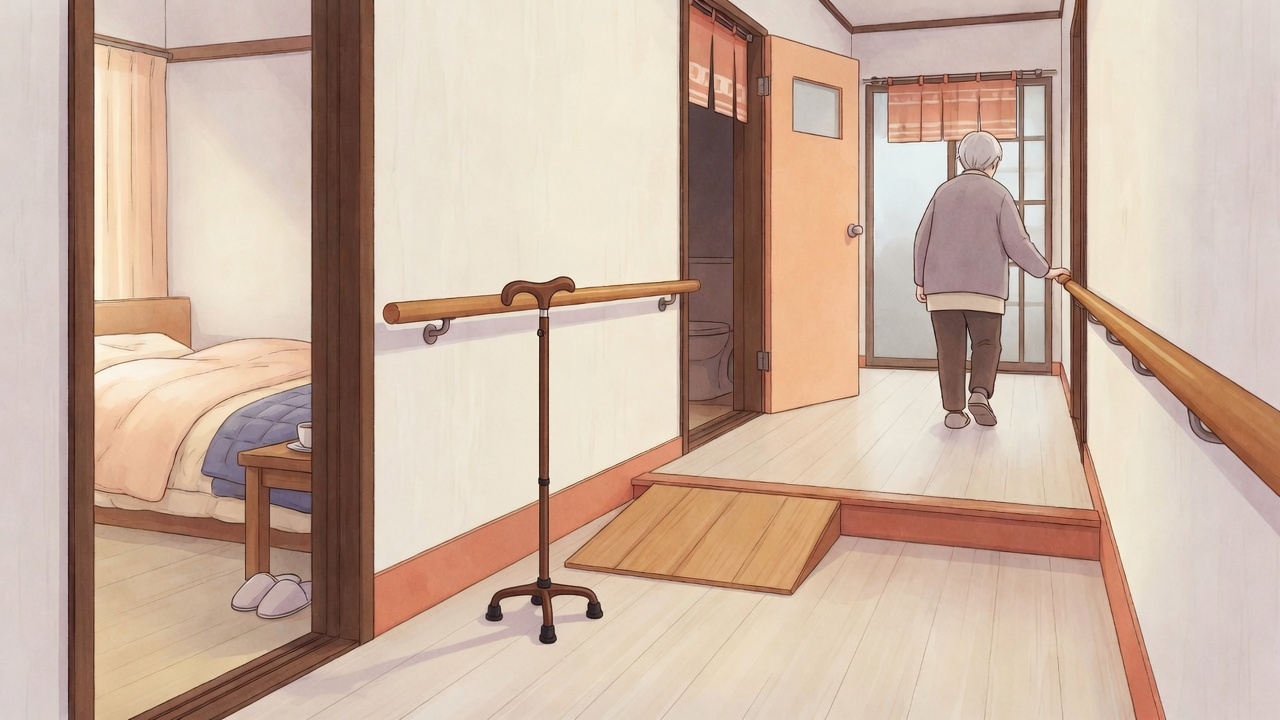 手すりとスロープが付いた自宅の廊下を、杖を使ってトイレへ向かう高齢の方の後ろ姿のイラスト