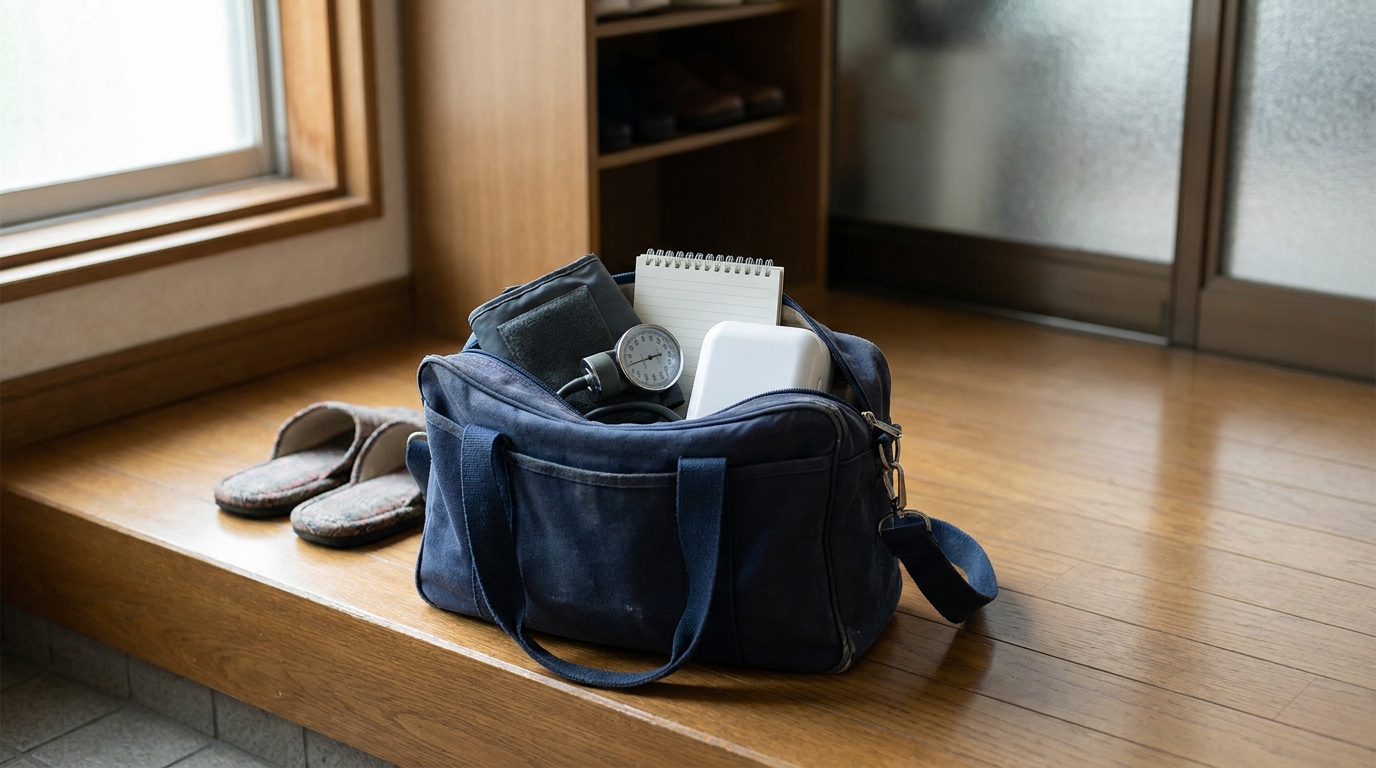 血圧計や手帳と並んで手のひら大の機器ケースが収まった訪問用バッグ