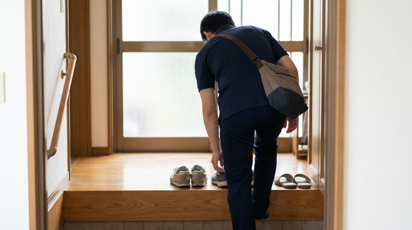 訪問用カバンを肩に掛けたスタッフが、利用者の家の玄関で靴を履いている後ろ姿