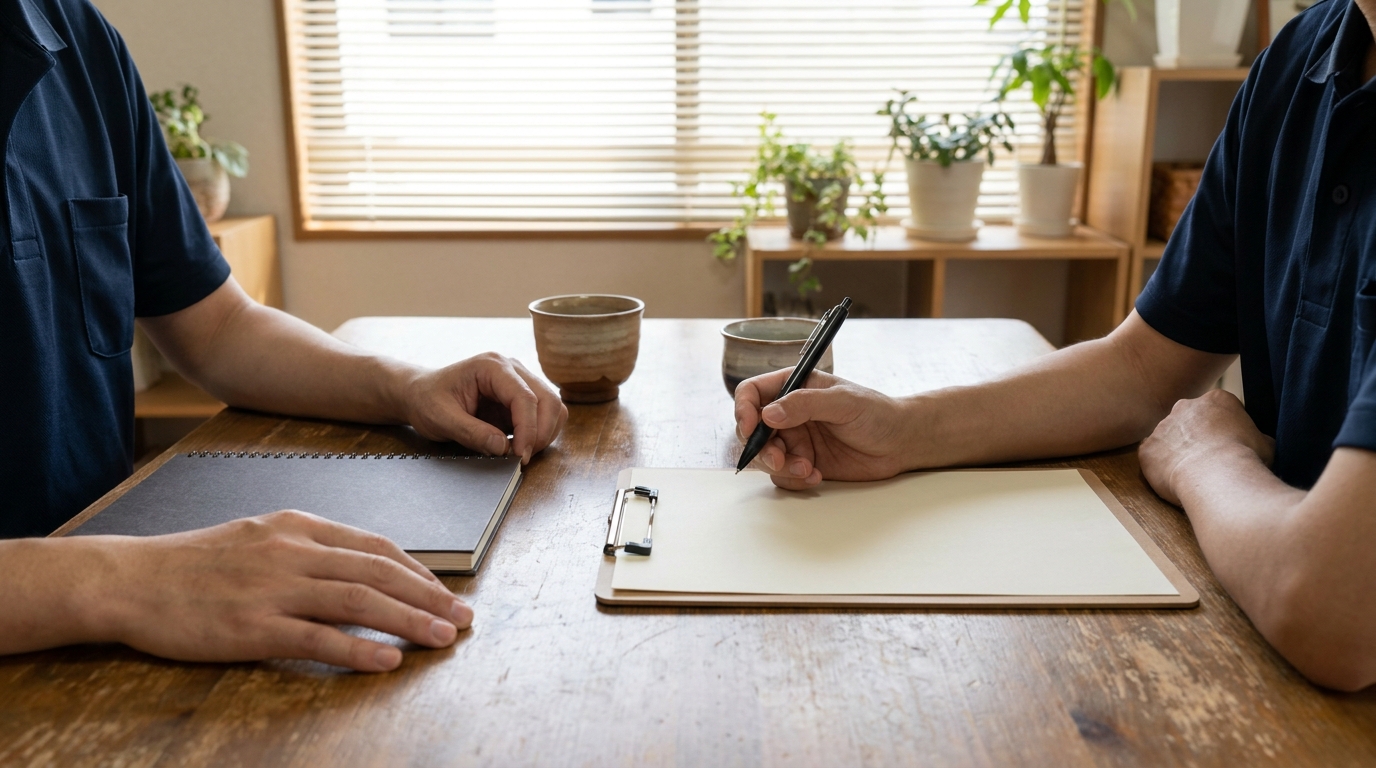 事務所の机で、看護師とリハビリのスタッフが書類を前に話し合っている手元