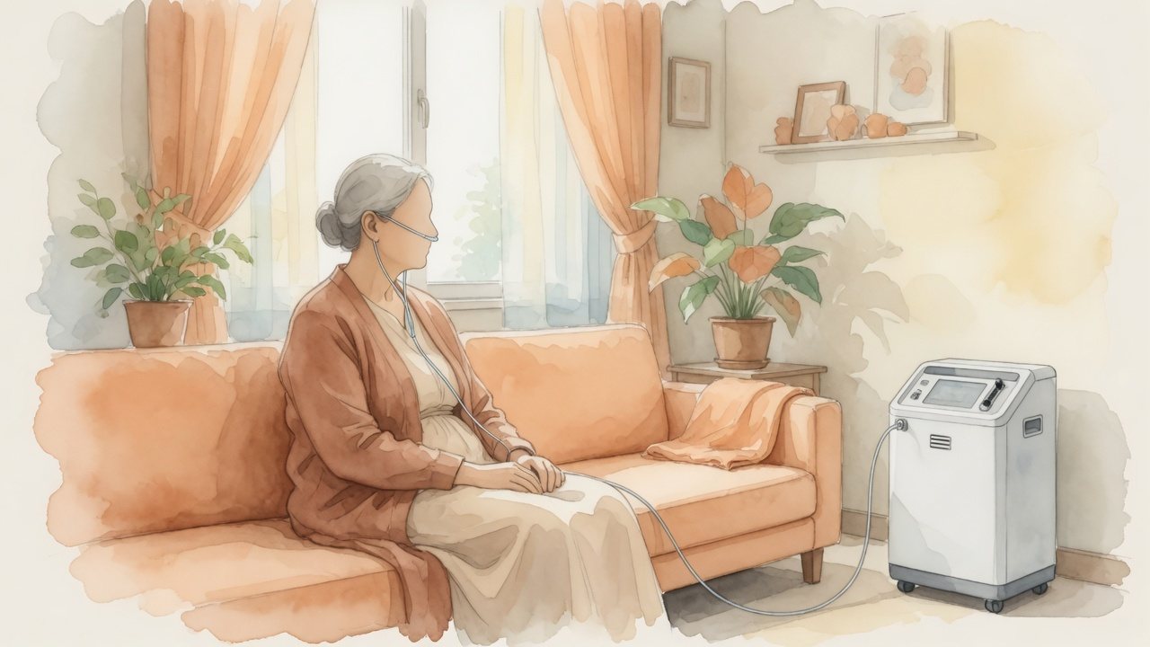 在宅酸素のチューブをつけて自宅のリビングでくつろぐ高齢の方の様子