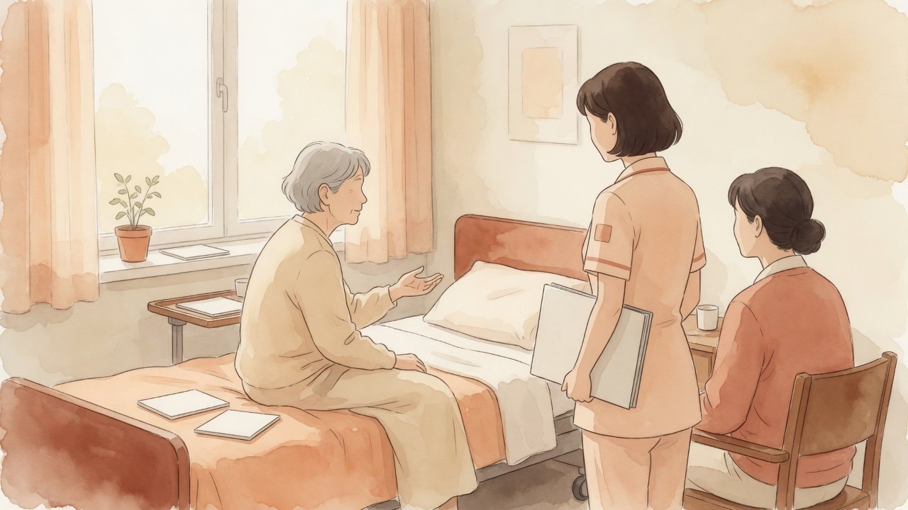 入院中の方と家族、看護師がベッドサイドで退院後の訪問看護について話し合っている様子