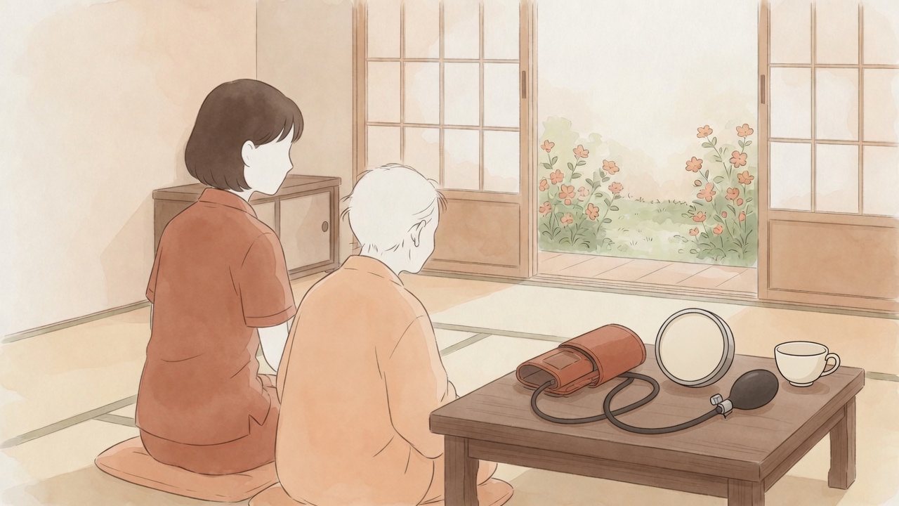 自宅の居間で、看護師が利用者と並んで庭の花を眺めながら話している様子