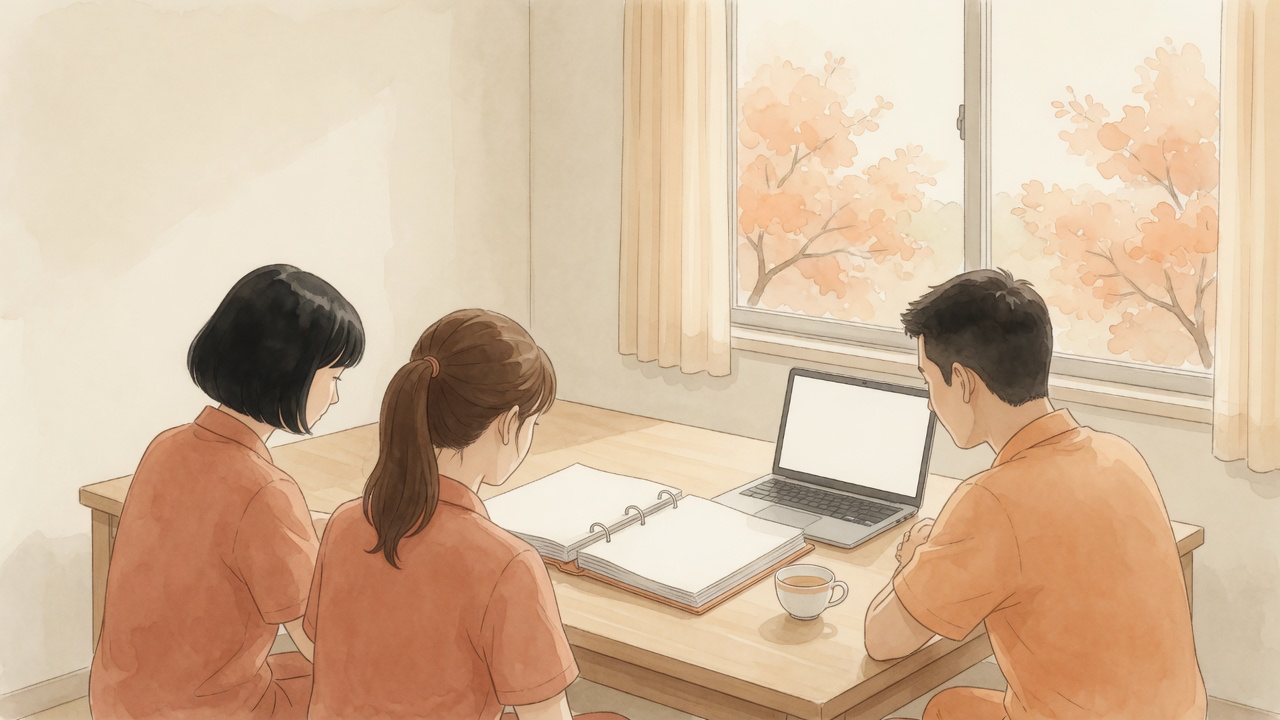 ステーションで看護師とリハビリ職が記録を見ながら気づいたことを共有している様子