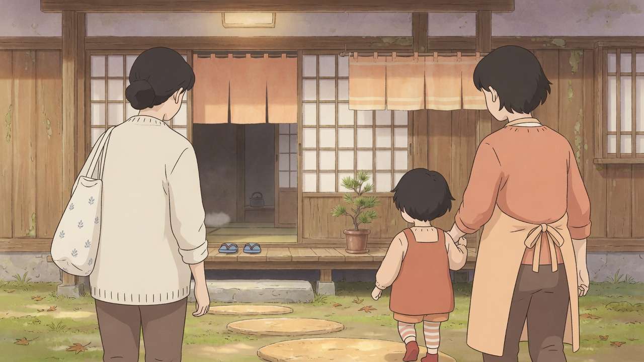 クリーム色の上着の大人と、アプリコット色のエプロンの大人が、後ろ姿の子どもと木の家の玄関へ歩いていく絵